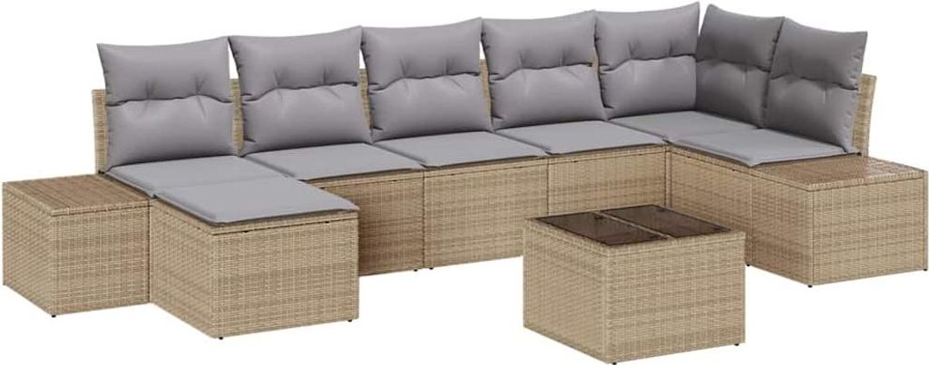 vidaXL Garten-Sofa-Set mit Kissen mit Speicher 7 pcs Beige Poly-Rattan