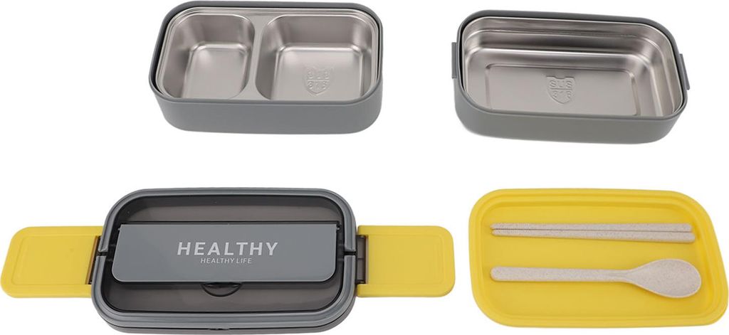 Double Layer Bento Box 316 Edelstahl Fach Portable Lunch Box mit Besteck für Arbeit Schule Büro 1400ml Grau