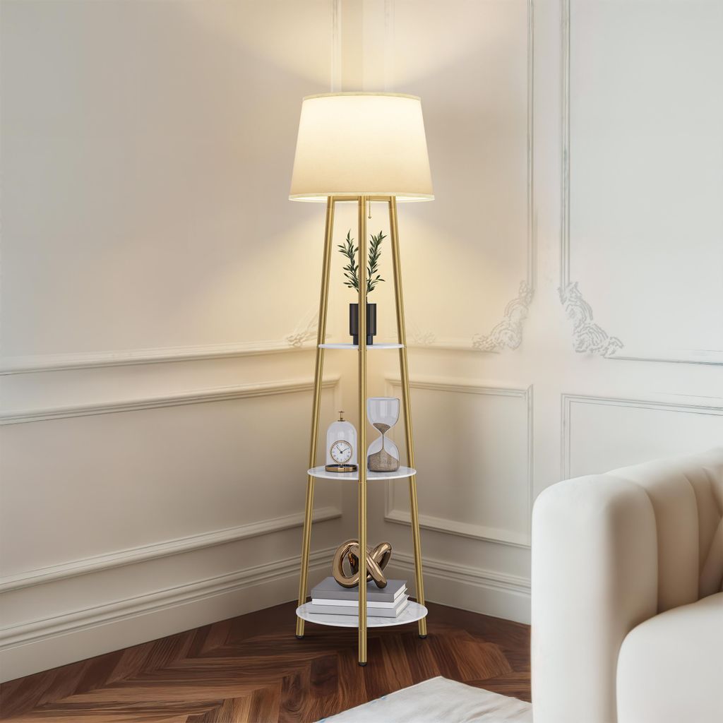 Vrygle Dimmbar Stehlampe mit Regal, Stehleuchte mit 3 Ebenen Sinterstein, Gold Metallrahmen, Zugschalter, inkl. LED Glühbirne