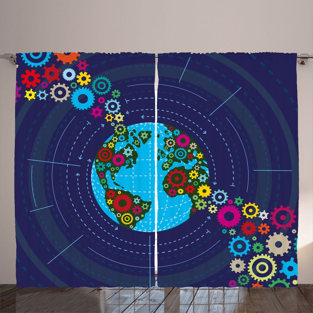 ABAKUHAUS Engineering Theme Rustikaler Vorhang, Gears und Erde, Wohnzimmer Universalband Gardinen mit Schlaufen und Haken, 280 x 225 cm, Indigo und...