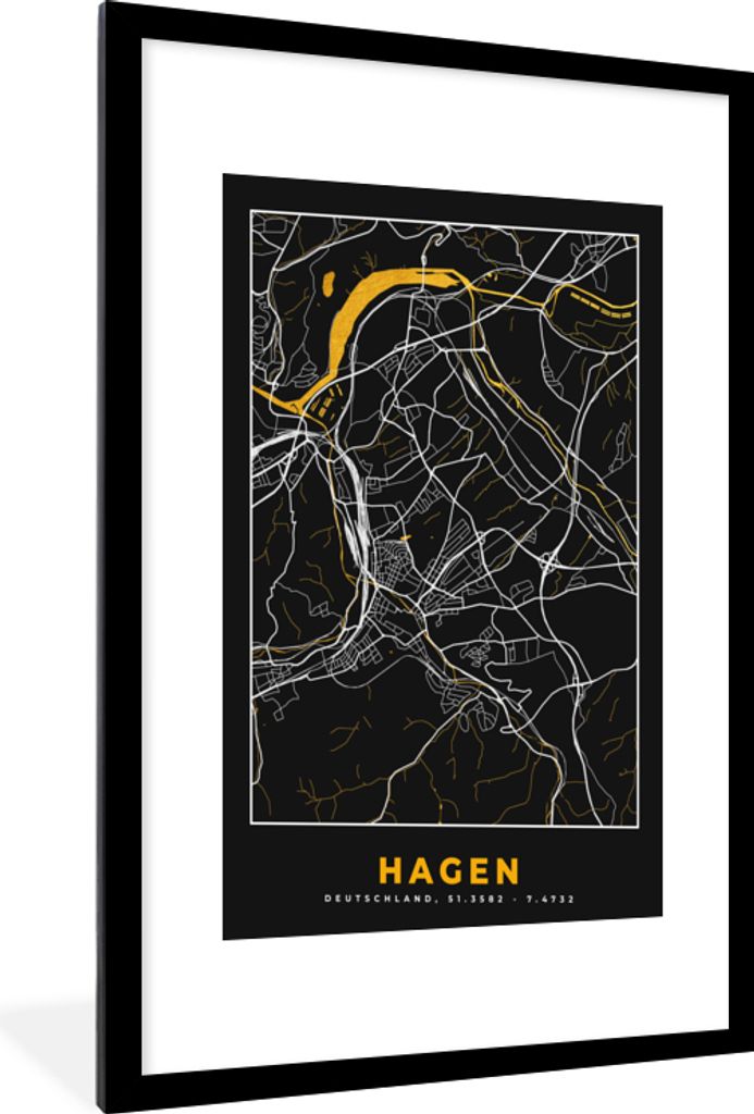 MuchoWow Gerahmtes Poster Hagen - Deutschland - Karte - Gold - Stadtplan 60x90 cm - Poster mit Schwarzem Bilderrahmen Wandposter Rahmen Foto Bild...