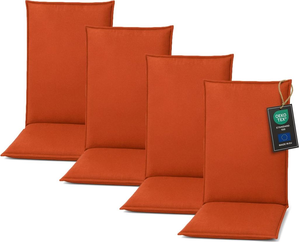 Four orange chair cushions are arranged in a row against a white background.
