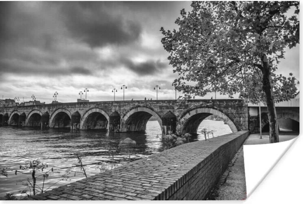 MuchoWow Poster Brücke - Maastricht - Schwarz - Weiß 180x120 cm - Fotoplakat