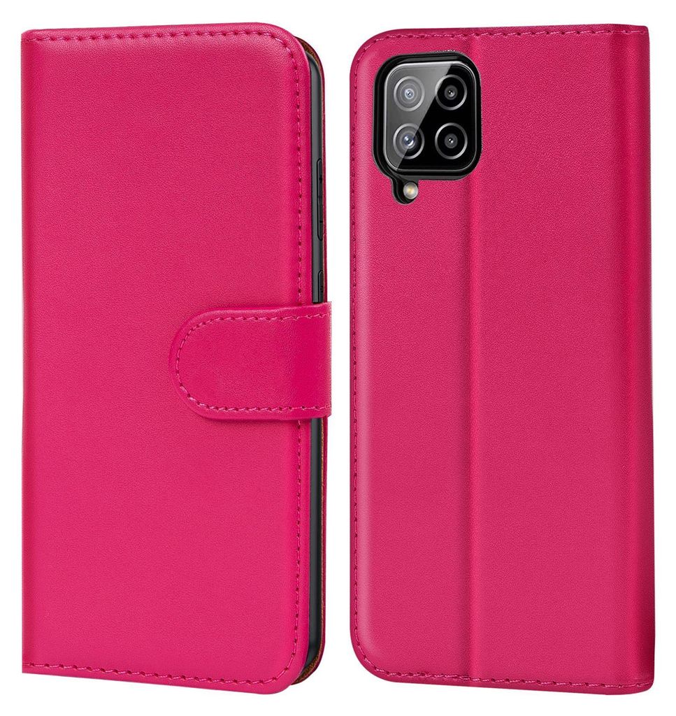 A pink flip case for a smartphone is shown from the front and back.