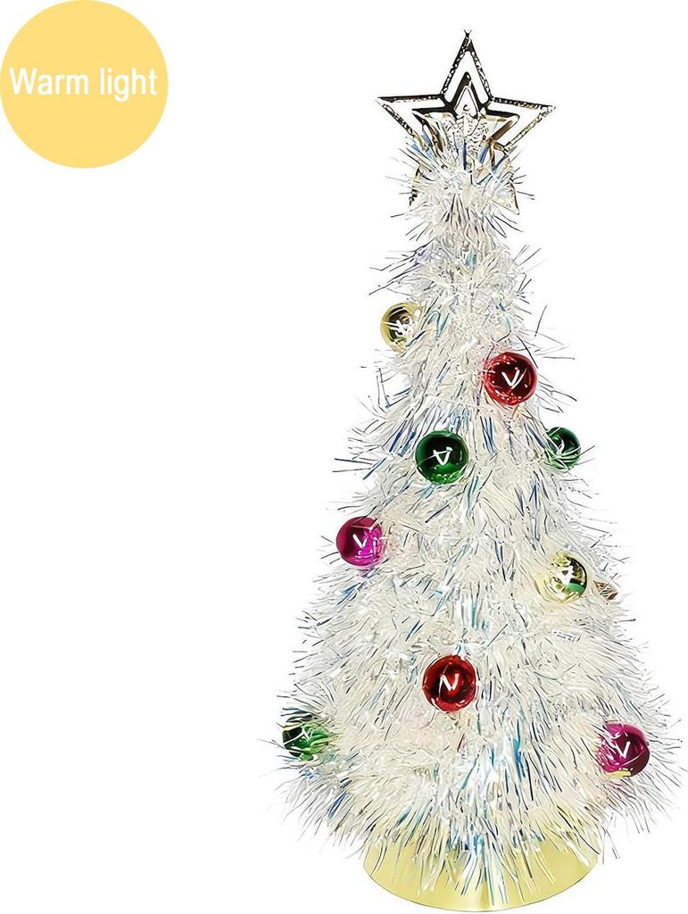 Weihnachtsbaum aus Metallic-Lametta, beleuchteter Folien-Weihnachtsbaum mit Kugelornamenten für die festliche Tischdekoration zu Hause oder im Büro