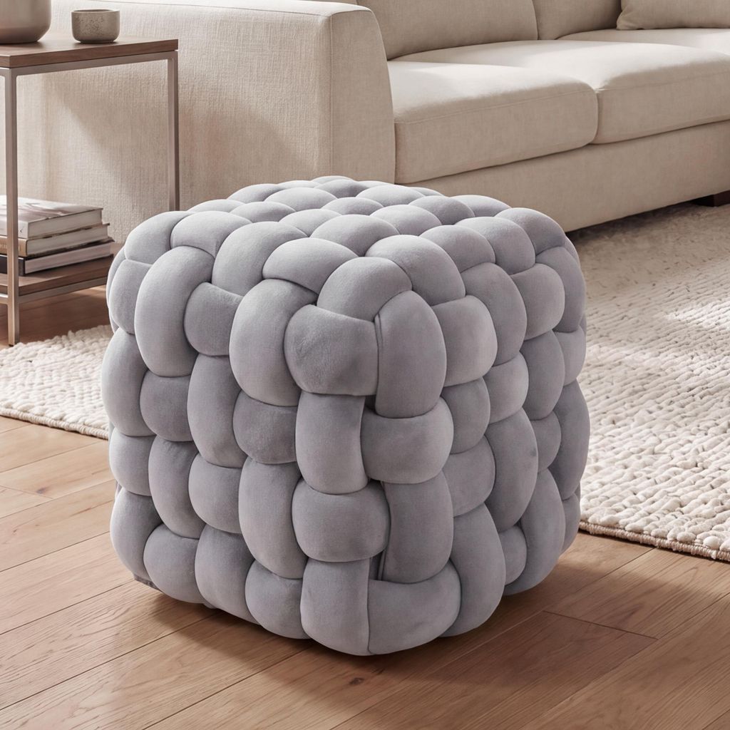 Hocker MCW-Q48, Sitzhocker Ottomane Polsterhocker Knoten-Pouf, Samt (220g/m²) 39cm dunkelgrau