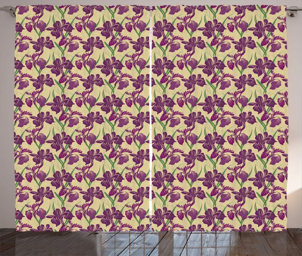 Rideau à fleurs d'iris avec crochets et boucles en tissu kaki et violet