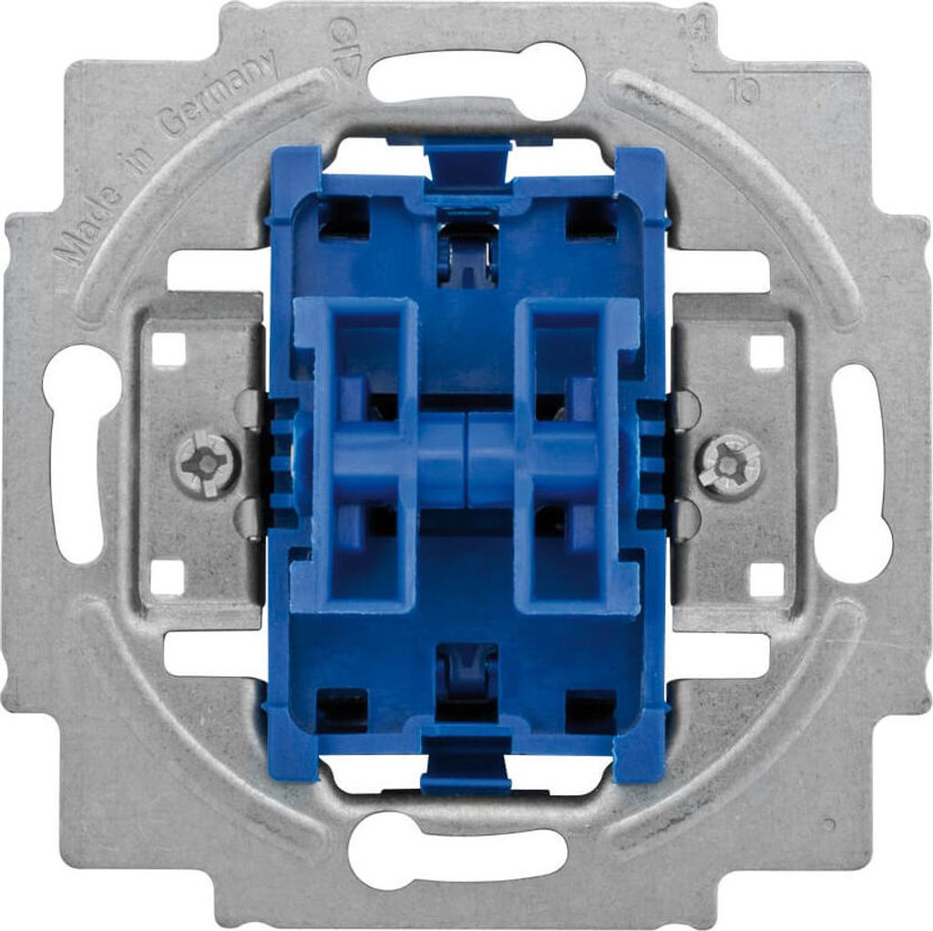 A close-up, top-down view of a blue and silver electrical switch component.