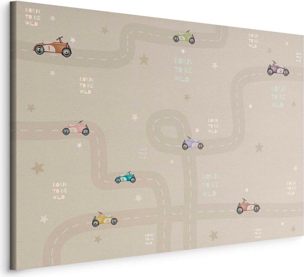 Italienischer Leinwand Leinwandbild - Race - Colorful Cars on a Road on a Beige Background with Inscriptions 120x80 cm Für Kinder e-C-10067-b-a