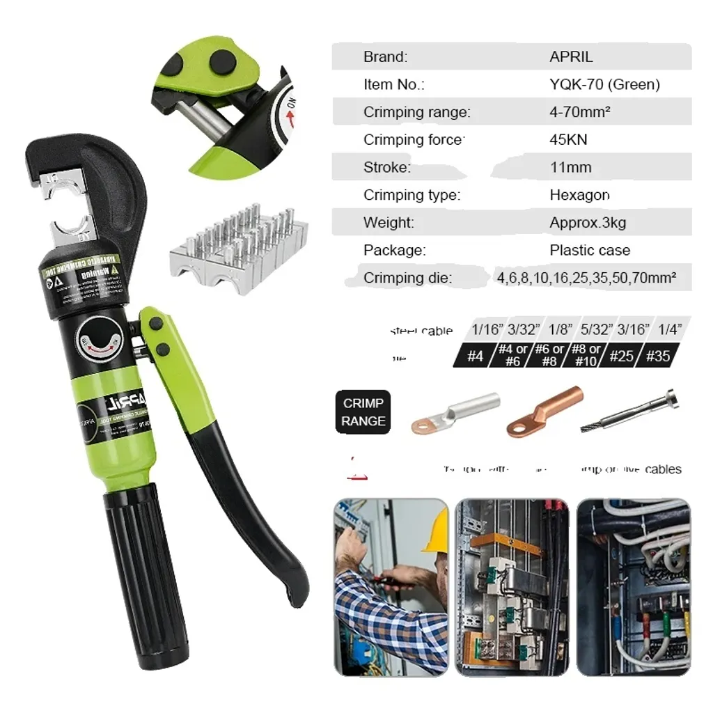 Pince hydraulique 45 kN avec plage de compression 4-70 mm² YQK-70 Vert