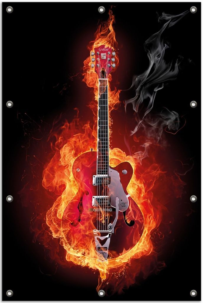 Wallario Outdoor-Poster für Garten oder Balkon, Motiv Brennende Gitarre, in ca. 80 x 120 cm