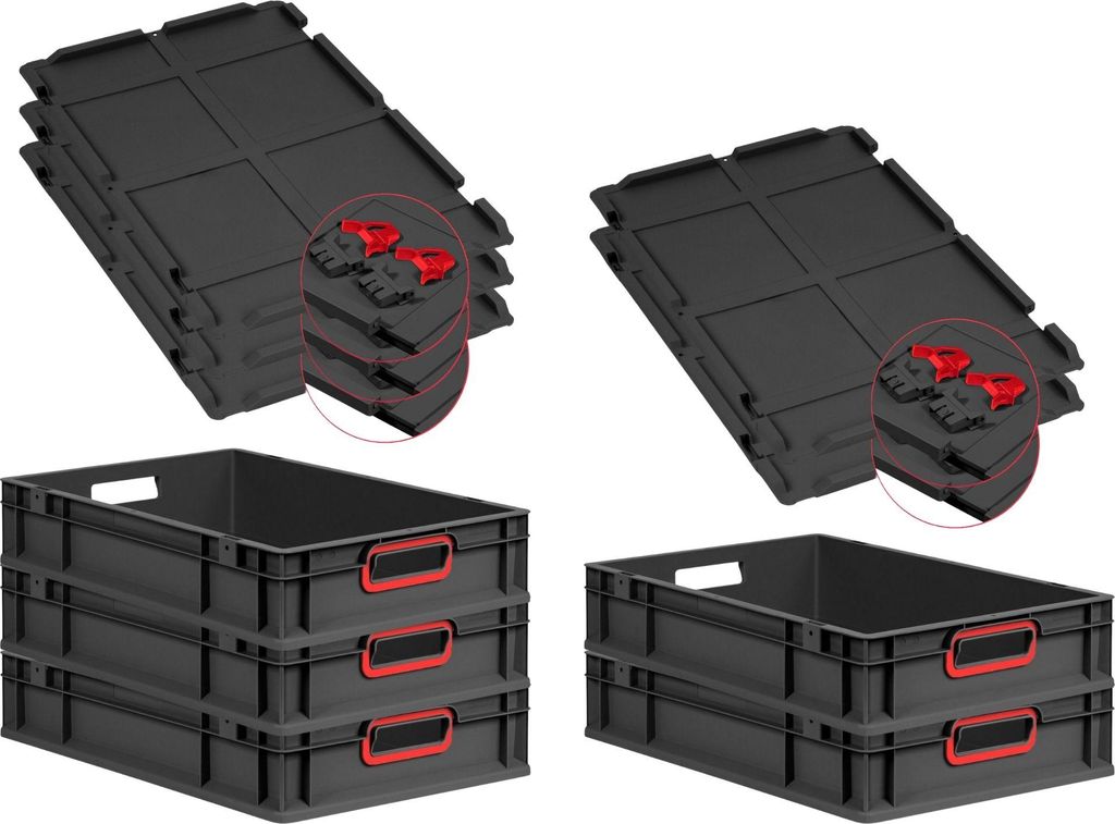 SuperSparSet 5x Eurobox NextGen Color mit Scharnierdeckel und Schiebeschnappverschlüssen | HxBxT 12x40x60cm | 23 Liter | Schwarz | Griffe rot offe...