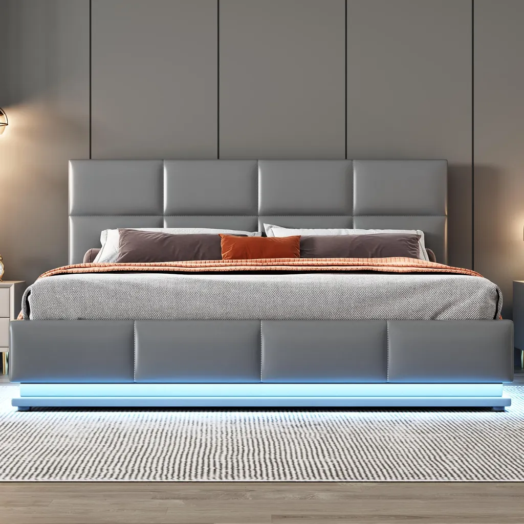 Lit double 160x200 avec rangement hydraulique et LED intégrées - Gris