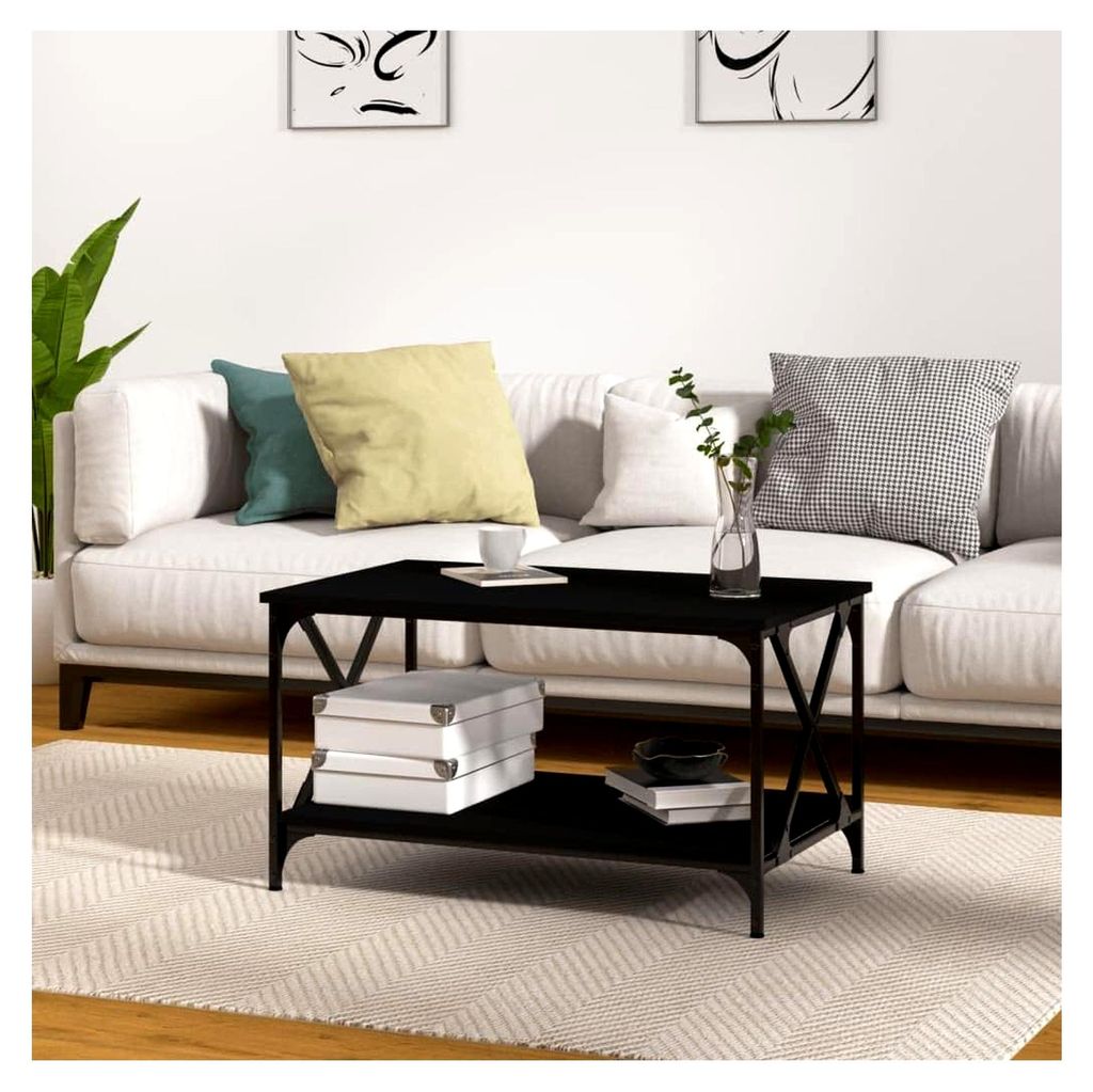 Couchtisch Schwarz 80x50x45 cm aus Holzwerkstoff und Eisen, Wohnzimmertisch mit offener Ablage für Wohnzimmer, Büro und kleine Räume