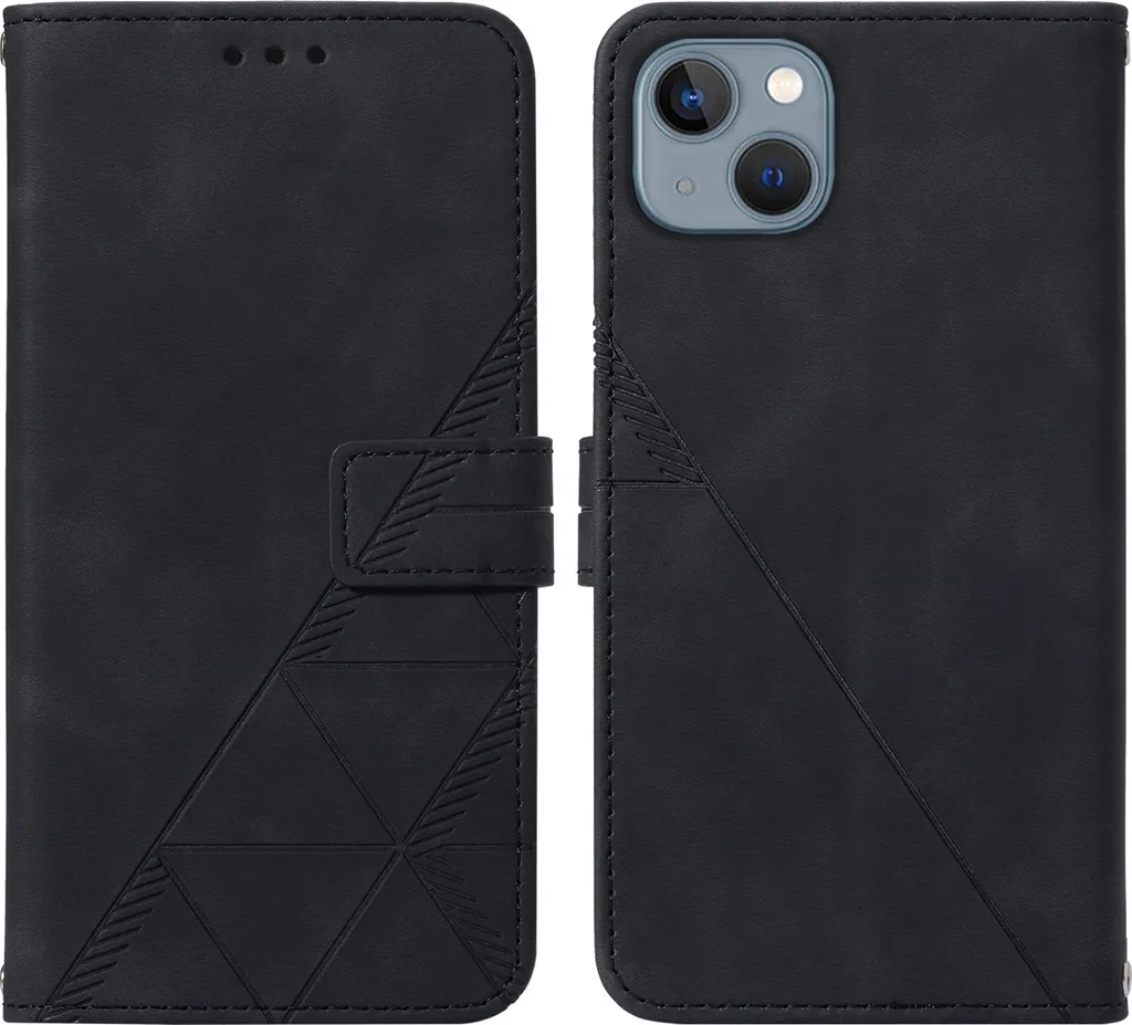 Custodia in pelle flip per iPhone 13 Mini custodia design a portafoglio con goffratura, porta carte e supporto nero