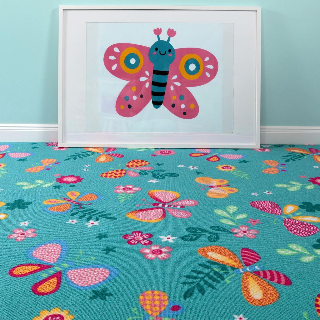 Steffensmeier Teppichboden Sophia Meterware | Auslegware für Kinderzimmer | Spielteppich | Schmetterling Türkis, Größe: 400x400 cm