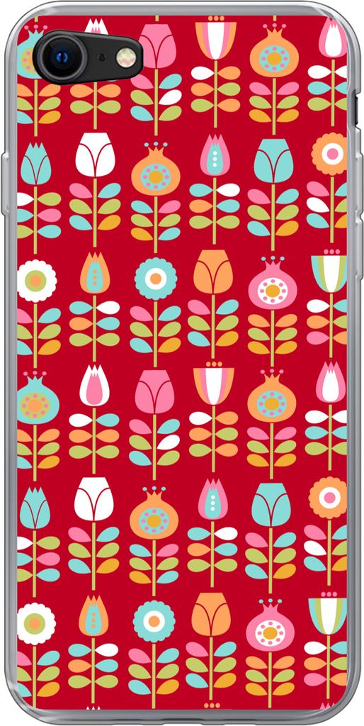MuchoWow Handyhülle Schutzhülle Hülle für Telefoonhoesje iPhone 7 Muster - Blumen - Retro - Rot Silikon Softcase Handy Hülle - Kartenhalter