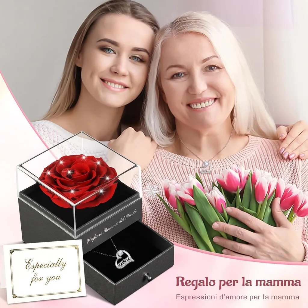 Idée Cadeau Durable : Collier Argent 925 Maman et Rose Rouge Éternelle - 6
