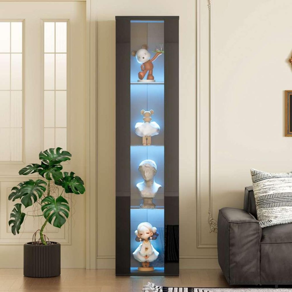 Moderne LED-Vitrine mit App-Steuerung, Acrylplatten und Glastrennwand, ideal zur Präsentation, in Schwarz, multifunktional, Maße: 40 x 29 x 170 cm