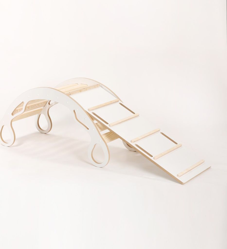 Woodforkid Klettergerüst Kinder Montessori MDF Zosia Gr. XL, Kletterbogen mit Kissen Jeansfarbe und Rutsche