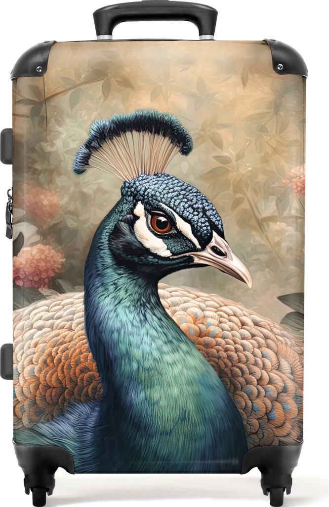 NoBoringSuitcases.com Großer Koffer - Pfau - Vogel - Pflanzen - Pfauenfedern - Kombinationsschloss TSA - Hartschalen Trolley 4 Rollen - 72 liter...