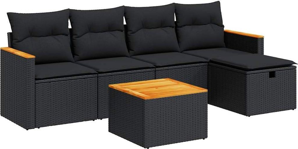 6-tlg. Garten-Sofagarnitur mit Kissen Schwarz Poly Rattan