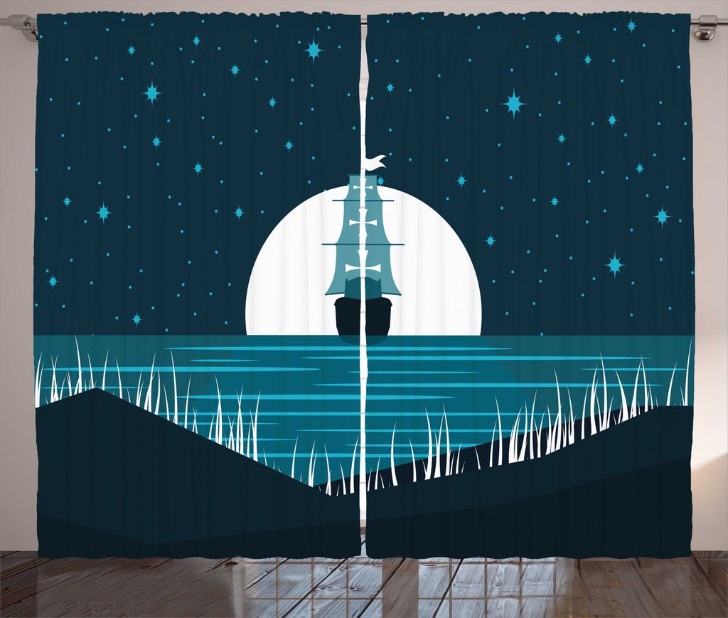 ABAKUHAUS Nachtozean Rustikaler Gardine, Mondschein auf Wasser Schiff, Schlafzimmer Kräuselband Vorhang mit Schlaufen und Haken, 280 x 225 cm, Pet...