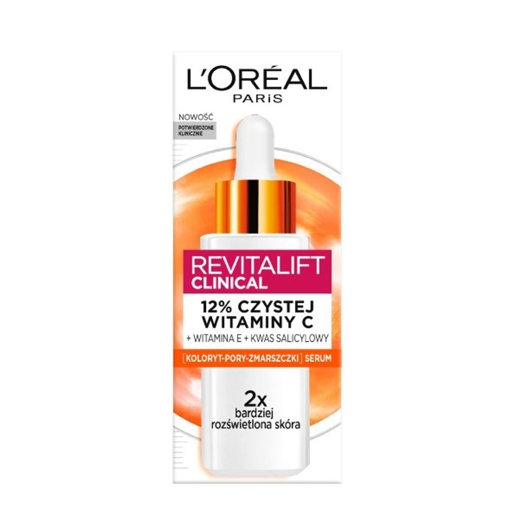 A product shot of a L'Oréal Revitalift Clinical serum bottle on a white background with orange abstract graphics.