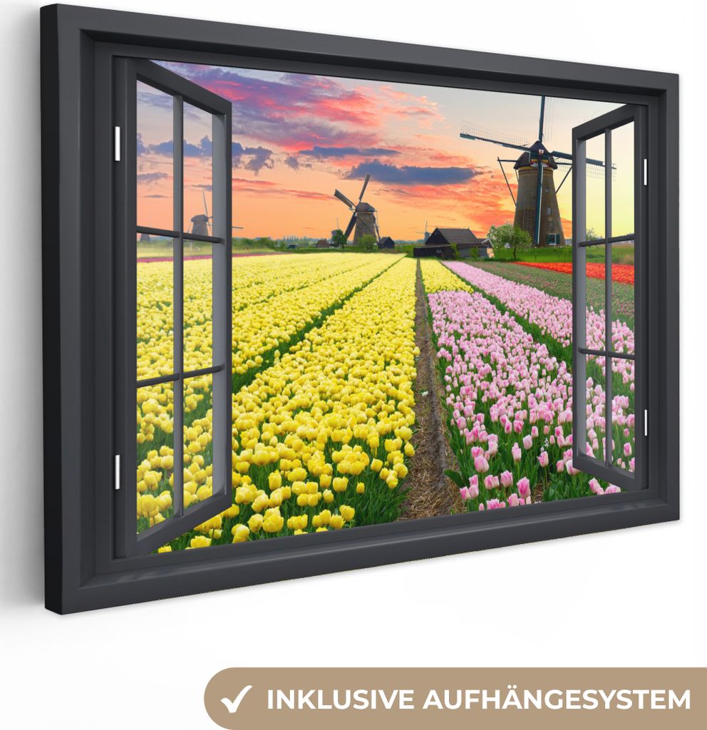 OneMillionCanvasses - Leinwandbilder - 140x90 cm, Aussicht - Tulpen - Sonnenuntergang, Wandbilder Kunstdruck Wanddekoration