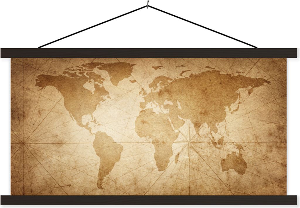 MuchoWow Textilposter Weltkarte - Vintage - Papyrus 150x75 cm mit schwarzem Rahmen - Posterleiste