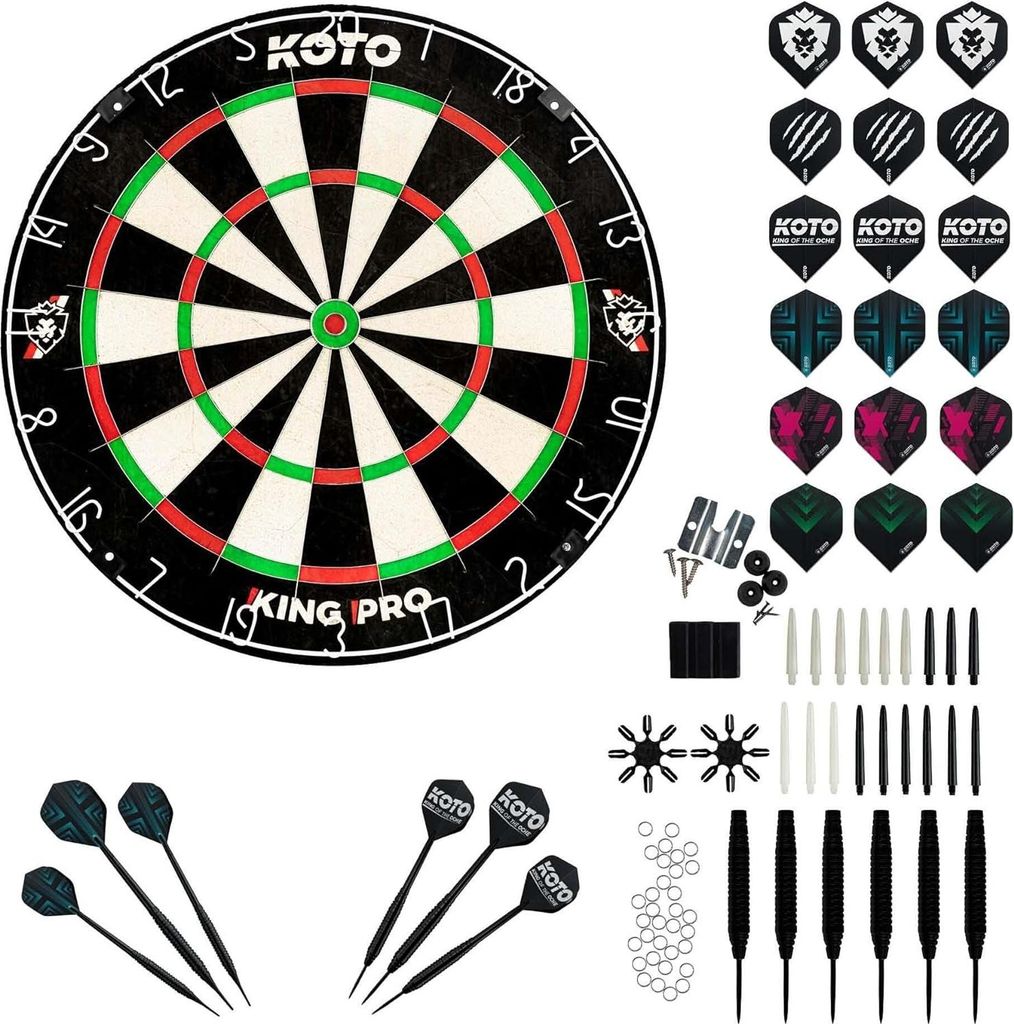 Professionelles Dartboard mit offiziellen Abmessungen - Inklusive Darts, Spitzenhaltern, Schaftringen & Flight-Schützern