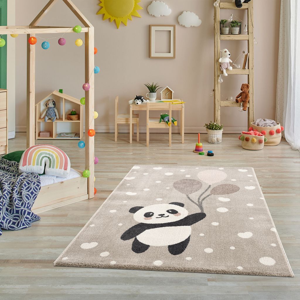 Kinderteppich Bär Panda Teppich für Kinderzimmer Pastellfarben Schadstofffrei Größe: 160 x 230 cm, Creme-Beige