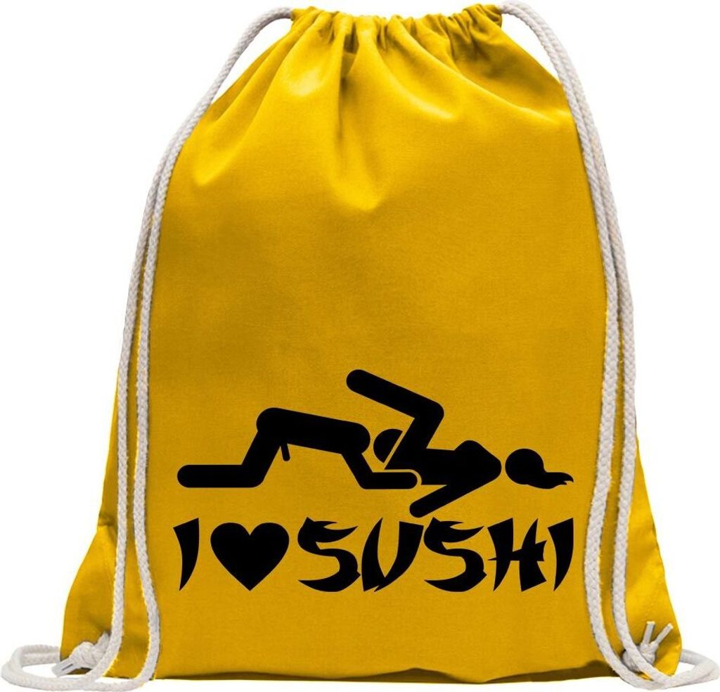 Kiwistar - Turnbeutel - gelb - I Love Sushi Motiv1 - Fun Rucksack Sport Beutel Gymsack Baumwolle mit Ziehgurt