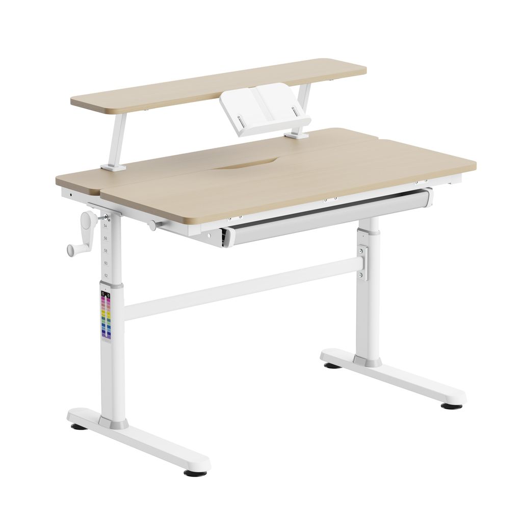 A white background studio shot of an adjustable height desk.