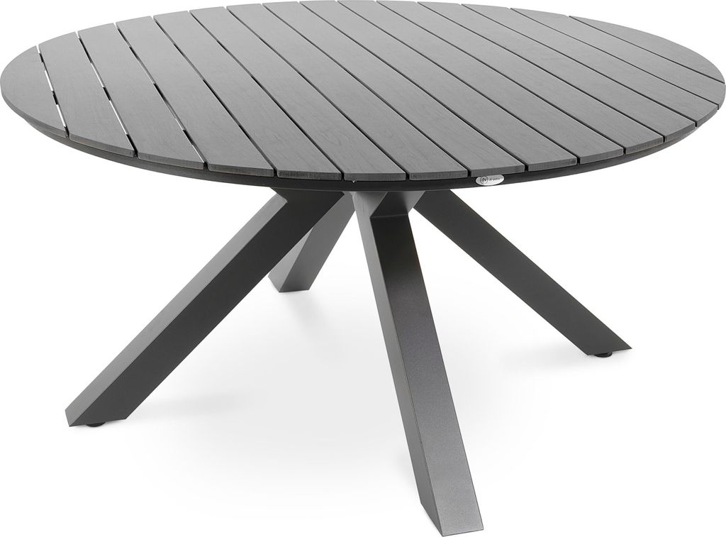 A round, black outdoor dining table with a slatted top and a four-legged base, shown against a white background.