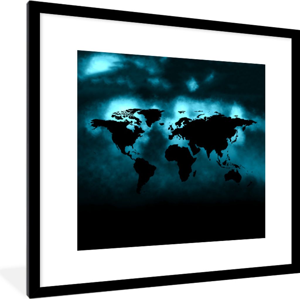 MuchoWow MuchoWow Gerahmtes Poster Weltkarte - Schwarz - Blau 40x40 cm - Poster mit zchwarzem Bilderrahmen - Poster - Plakat im Rahmen