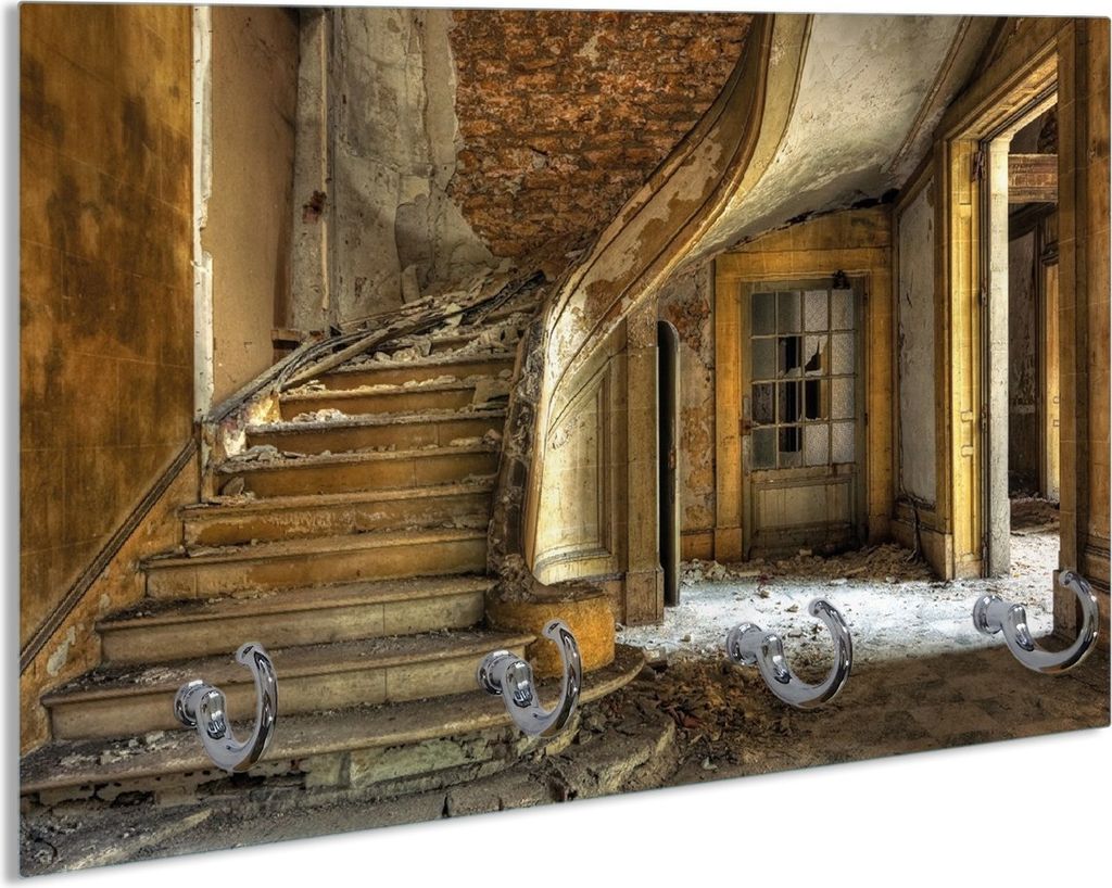 Wallario Schlüsselbrett aus Glas, Motiv: Massive Steintreppe in herrenlosem Haus, 30 x 20 cm mit 4 Haken