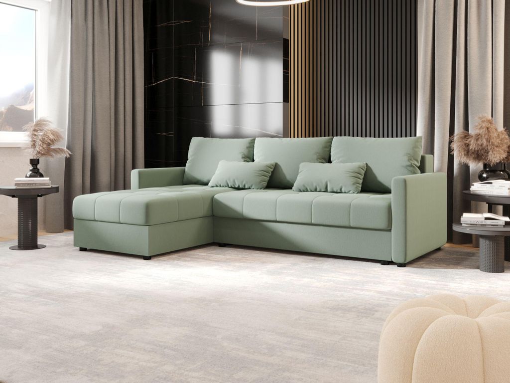 BEDANTE Ecksofa MOS L BIS Cosmic 16 Hellgrün Links mit Schlaffunktion L-Form Sofa mit Stauraum Bettkasten Wohnzimmersofa Couch Sofa Bettsofa Bettk...