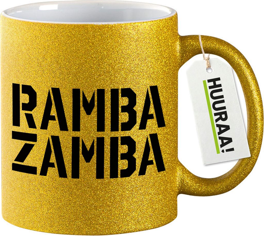 Huuraa Glitzertasse Rambazamba Schriftzug 330ml Gold Keramik Kaffeebecher Geschenkidee