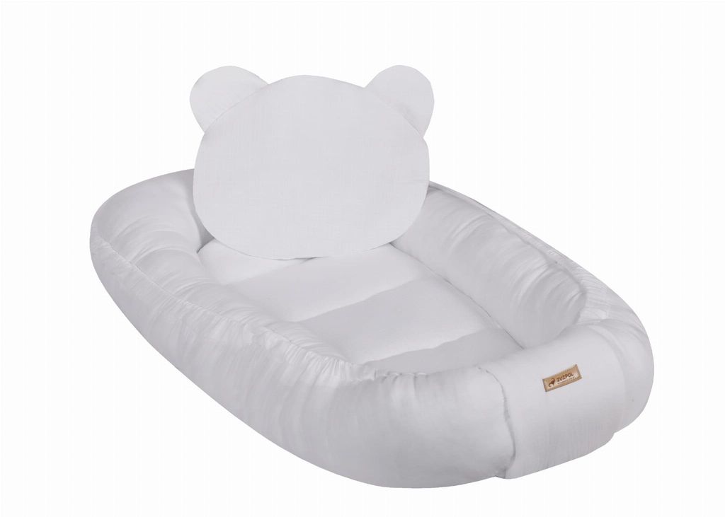 Premium Musselin Babynestchen mit Kissen | Baumwolle Kokon für Babys | Atmungsaktives Kuschelbett Ohne Muster | Farbe: Weiss