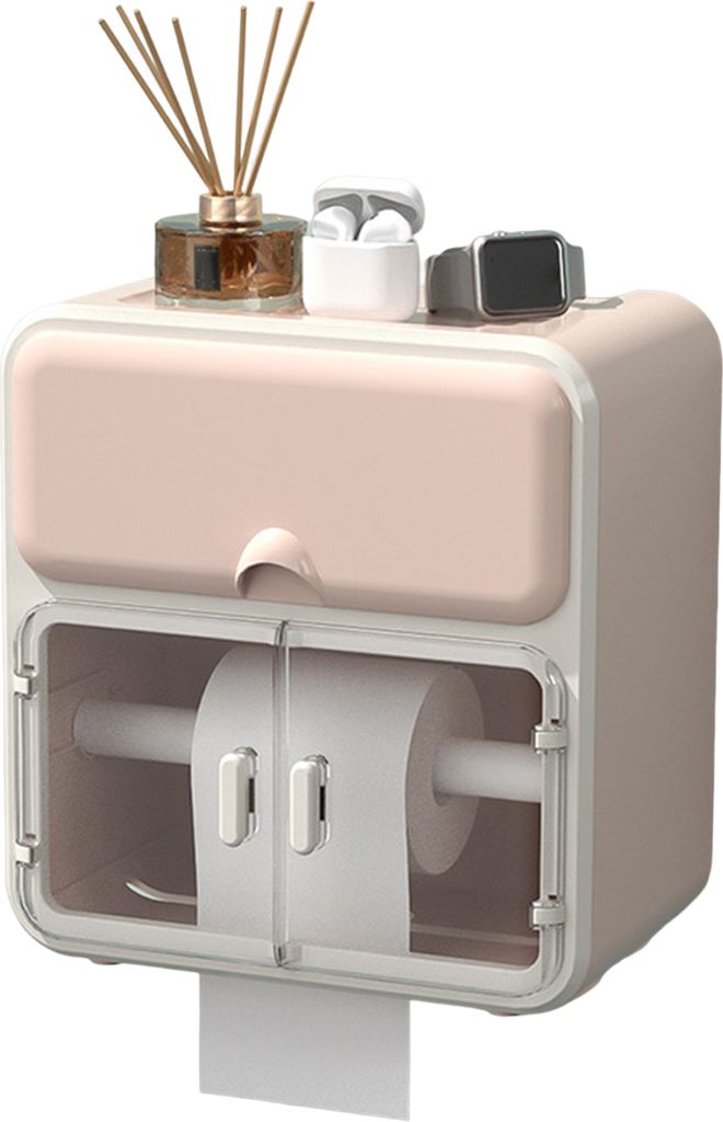 Toilettenpapierhalter, gezackter Auslass, verstellbare Querstange, oberes Regal, Aufbewahrungsschublade, sichtbares Fenster, stanzfreier Rollenpapi...