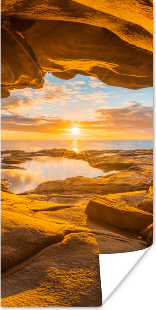 MuchoWow Poster Höhle - Meer - Horizont - Sonnenuntergang 75x150 cm - Dekoration für die Wände