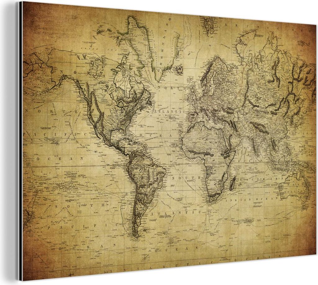 MuchoWow Wanddekoration Metall Metallbild Wandkunst 150x100 cm Weltkarte - Vintage - Antik - Braun - Papier MuchoWow Aluminium Gemälde - Alu Dibon...