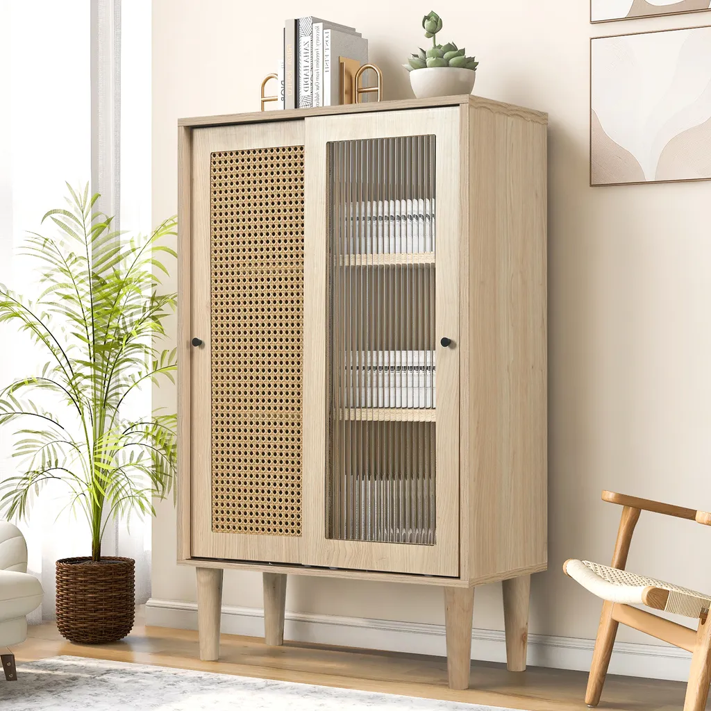 Vitrine Highboard Landhaus en Bois et Rotin, Armoire Haute Chêne Claire