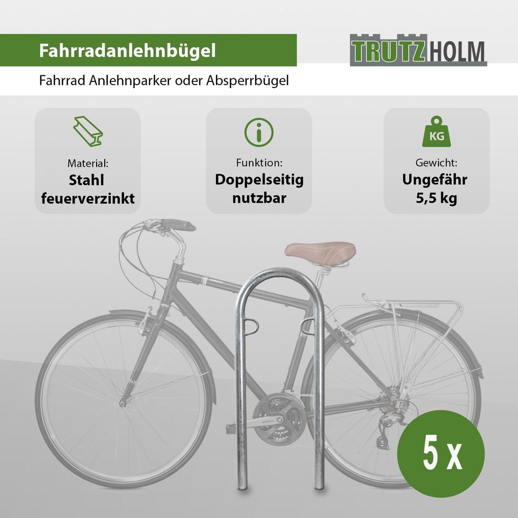 5 x Fahrradanlehnbügel 111,5 x 40 cm Stahl feuerverzinkt Ø 49 mm grau Einbetonieren Fahrradständer Parker Typ U