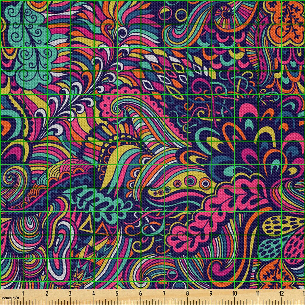 ABAKUHAUS Psychedelisch Satin Stoff als Meterware, Exotische Komposition in lebhaften Farben Wirbelnde Blätter und Blütenblätter Funky Seaweed, ...