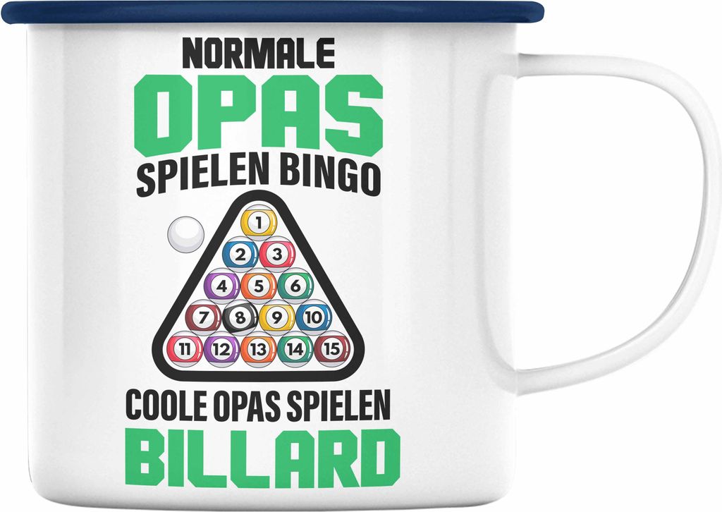 Trendation - Billard Opa Emaille Tasse Geschenk Billardspieler Geschenkidee Emaille Emaille Tasse Pool (Blau)
