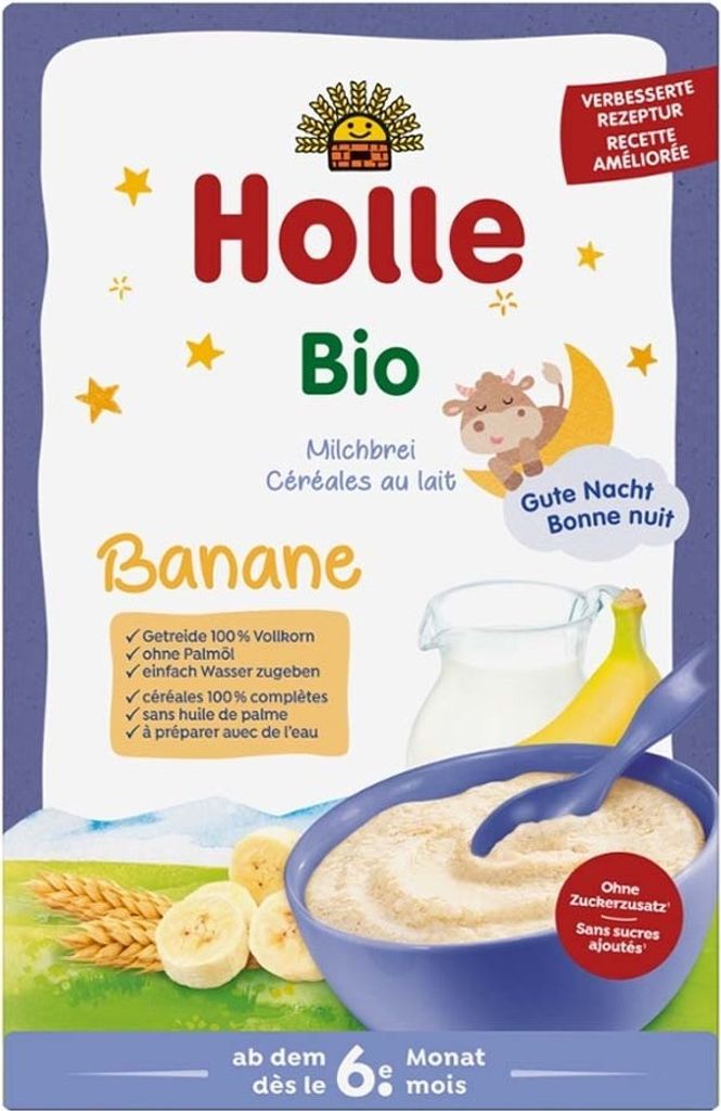 A product package for baby food, specifically a banana-flavored milk porridge.