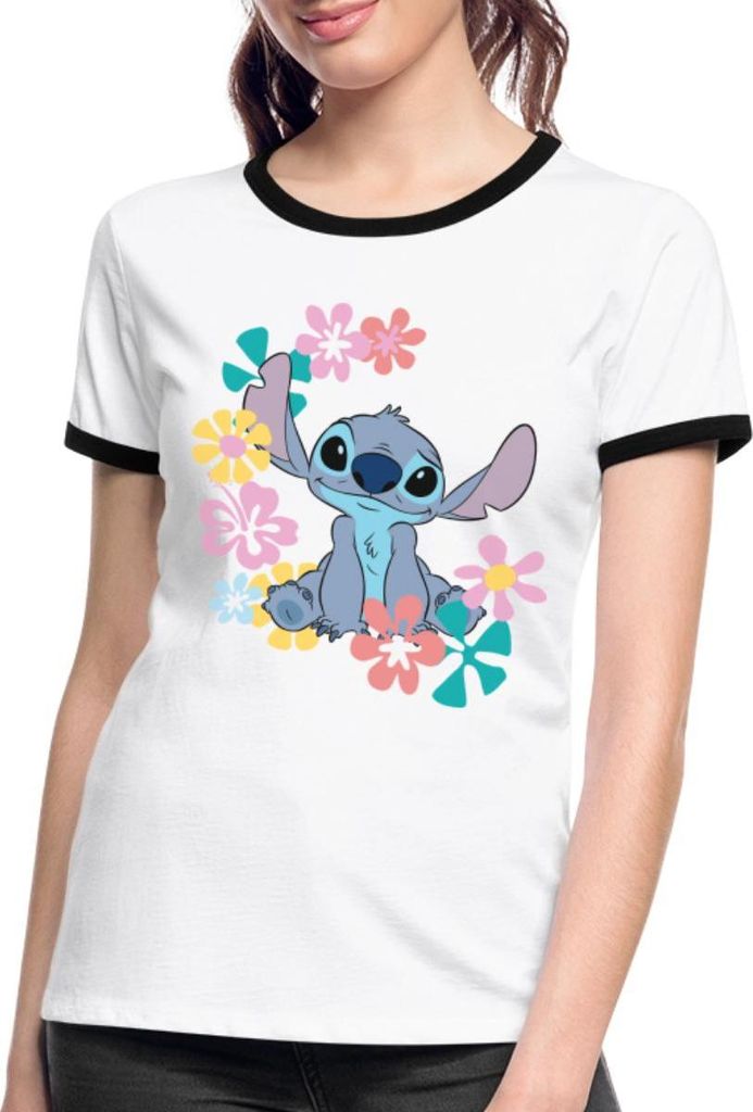 Lilo & Stitch | Stitch Mit Hawaiianischen Blumen Frauen Kontrast T-Shirt, XL, Weiß/Schwarz