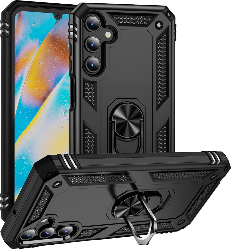 Schutzhülle für Samsung Galaxy A15 Dual Layer Robust Militäre Fallschutz Hülle mit Ringhalterung Ständer Schwarz